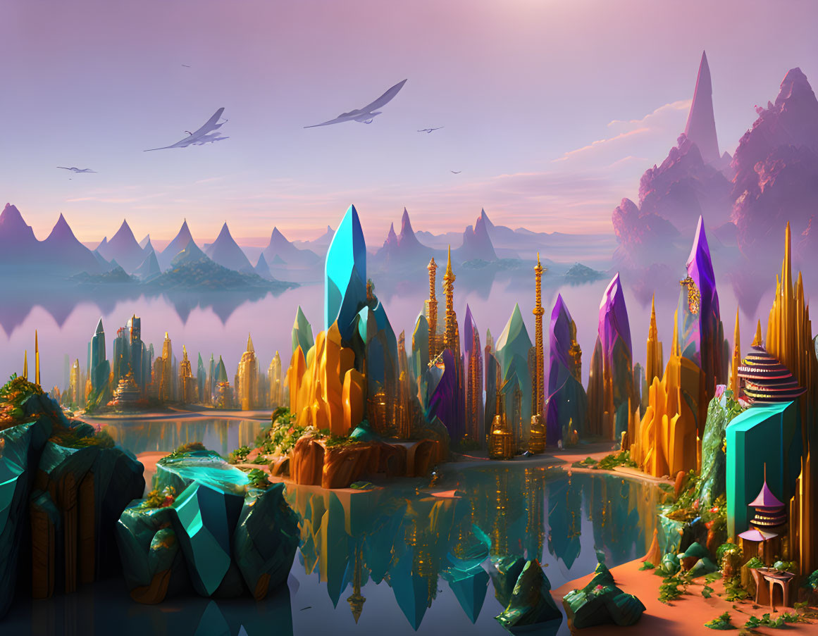 Vibrant, colorful futuristic cityscape with flying craft and mountains