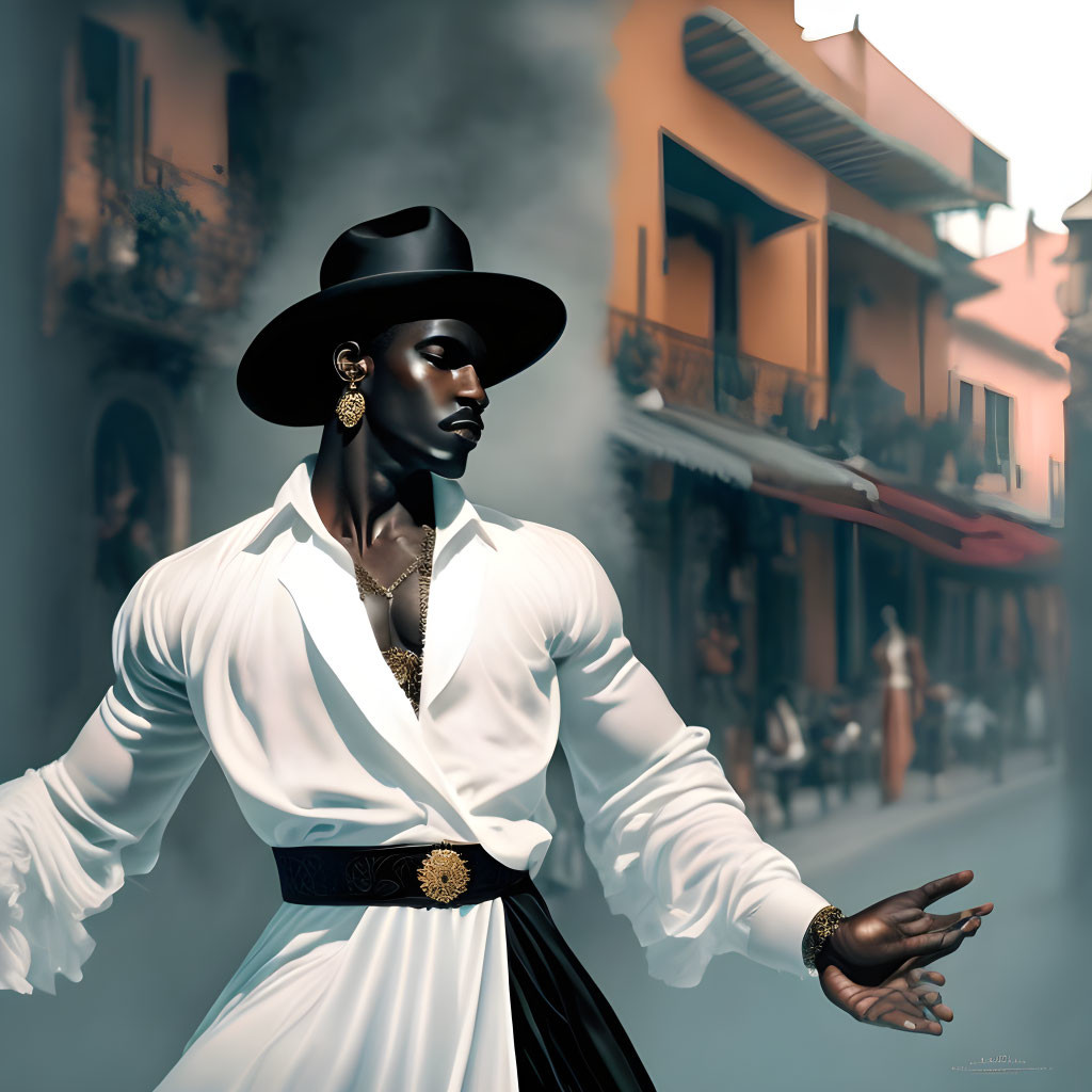 Stylized digital artwork of a man in white shirt and wide-brimmed hat