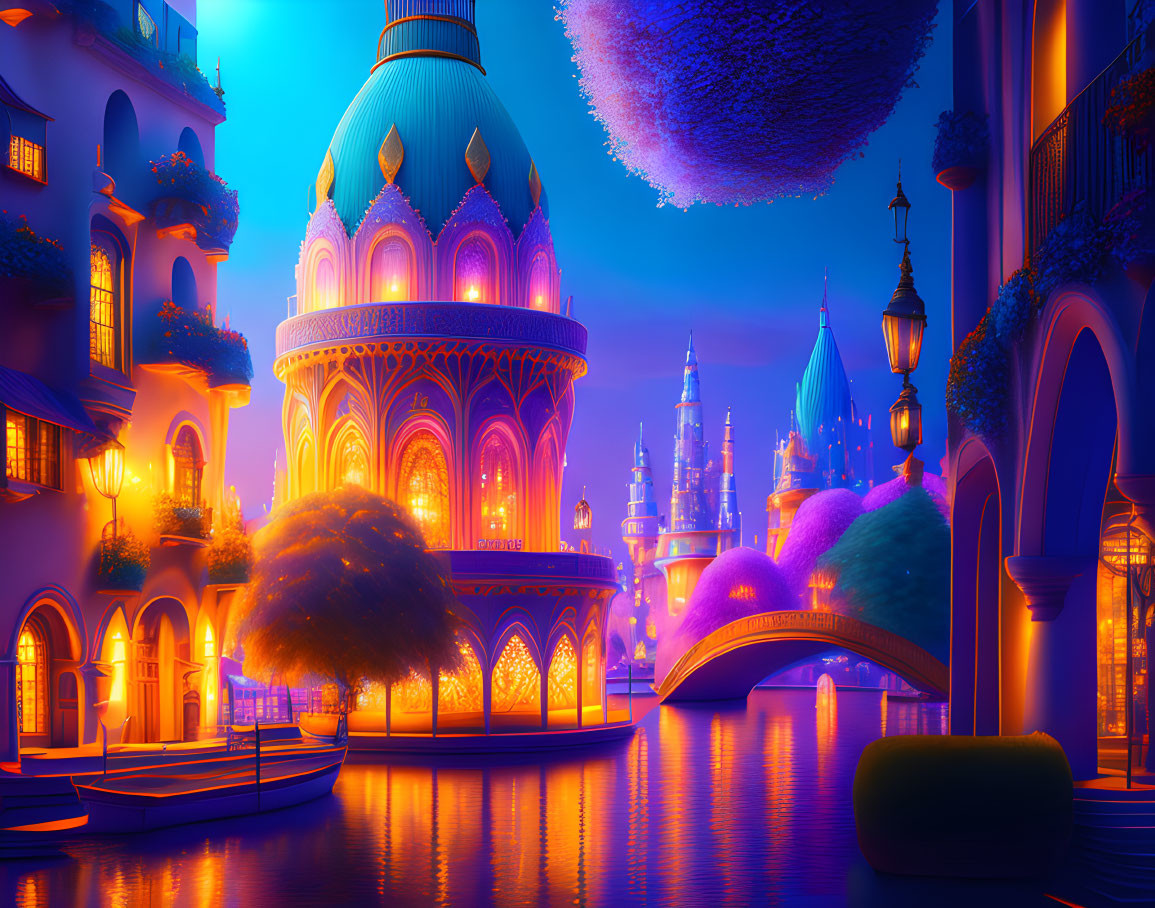 Colorful illuminated fantasy cityscape at dusk with arch bridge, river, & magical floating islands