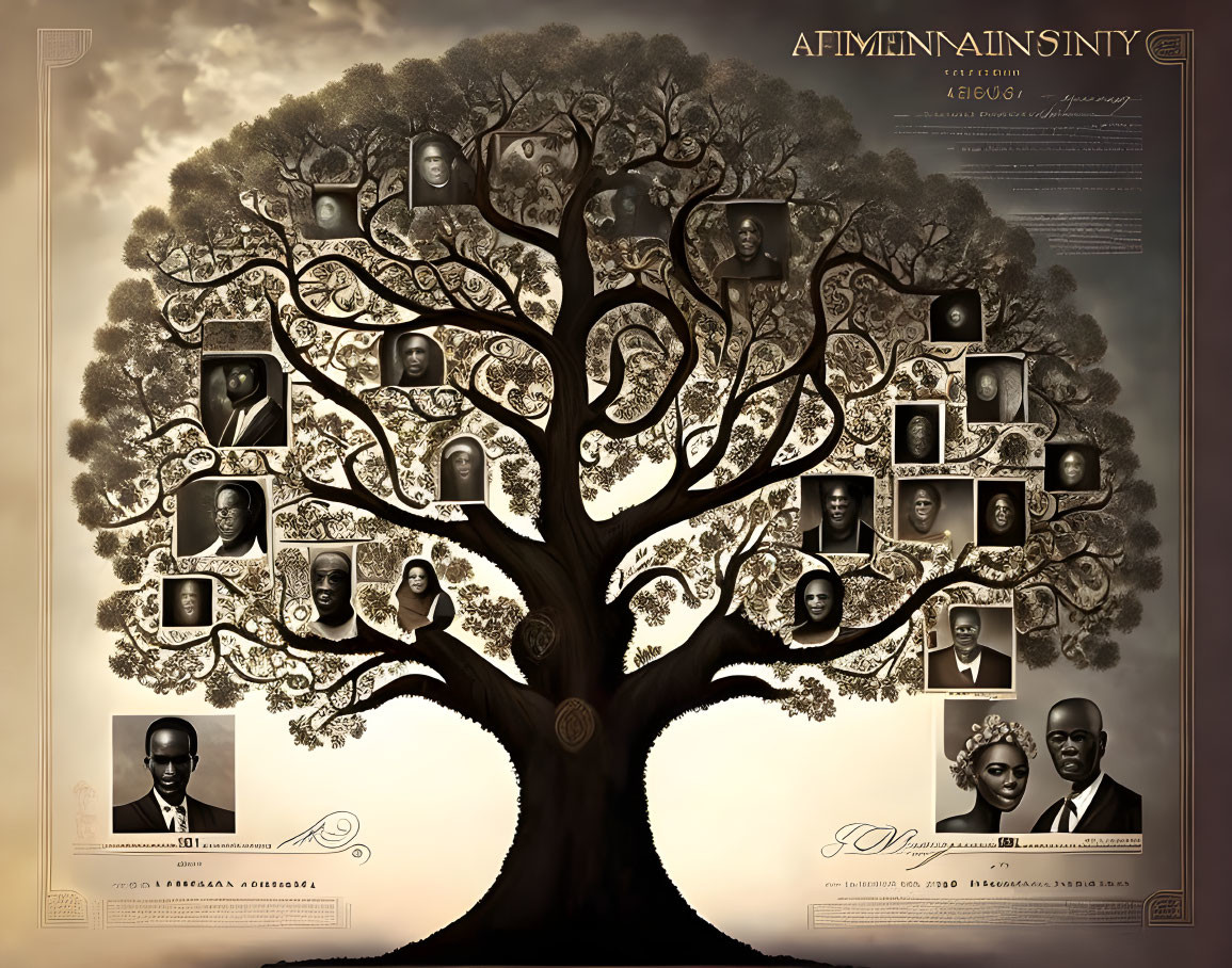 Detailed Family Tree with Portrait Frames on Ornate Background