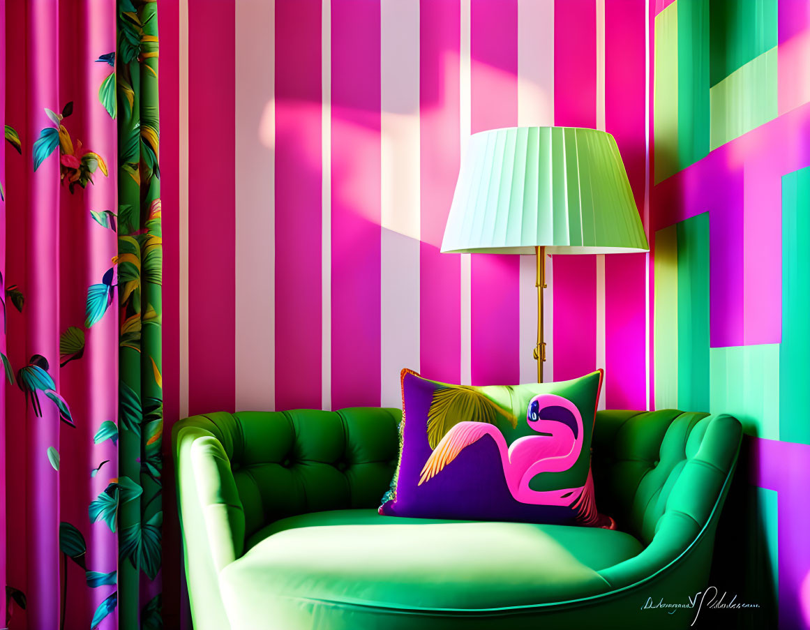 Colorful Room with Pink and Green Striped Walls, Green Sofa, Flamingo Cushion,