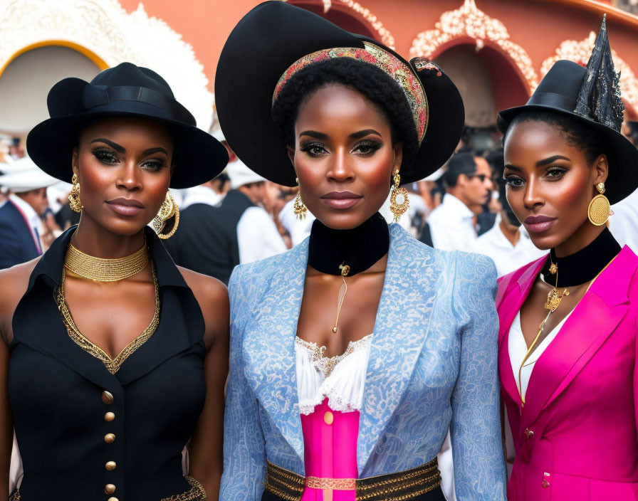 Three women in stylish outfits and large brimmed hats posing confidently against a festive background