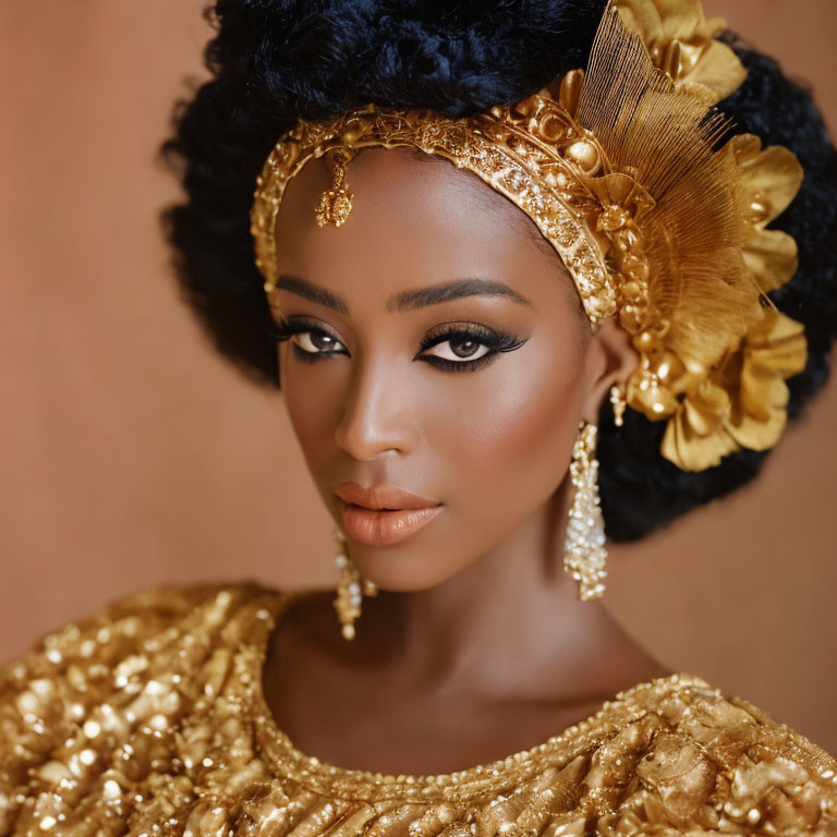 Elegant woman with golden accessories in warm-toned setting