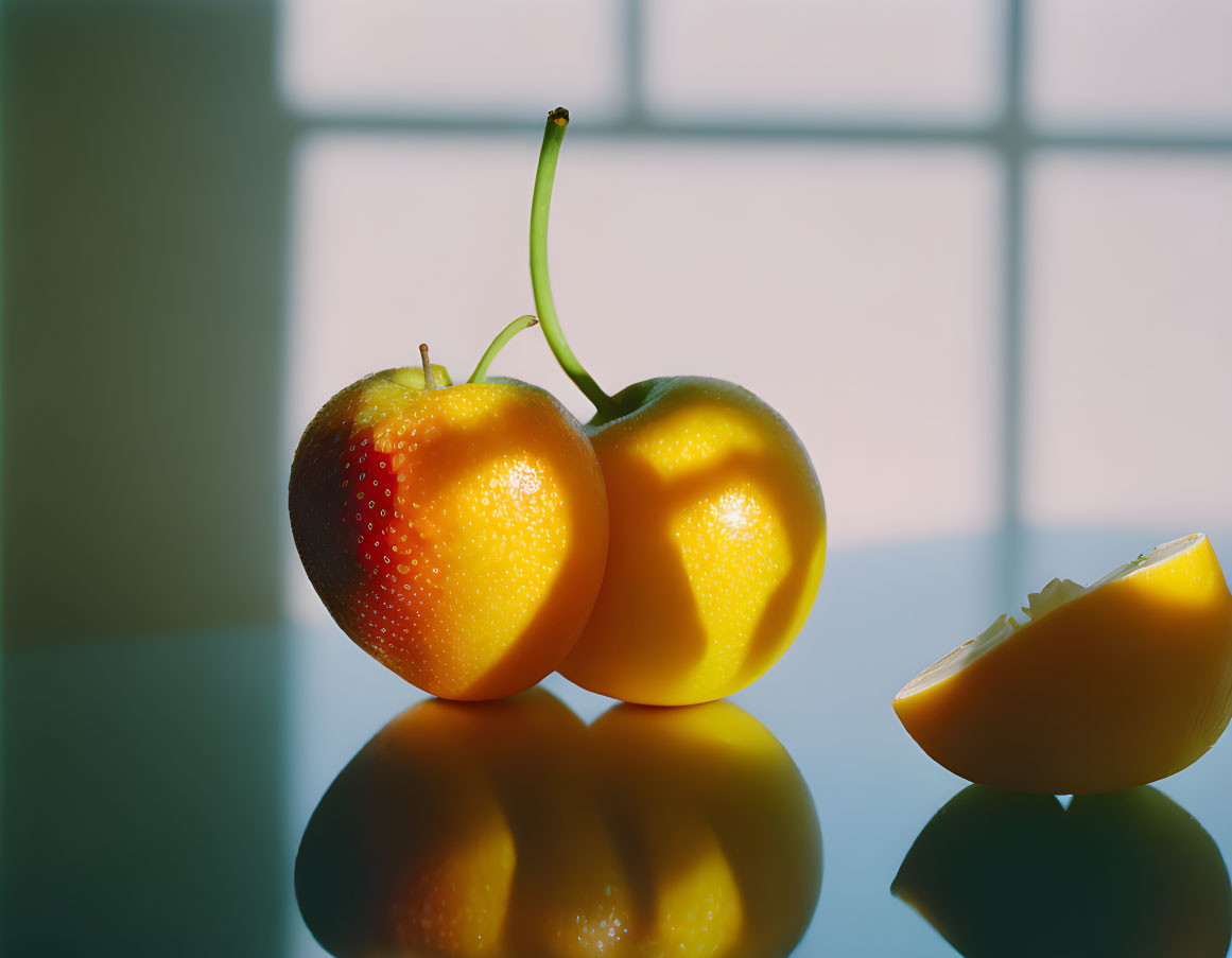 Tomatoes with Reflection on Glossy Surface and Soft Backlit Light