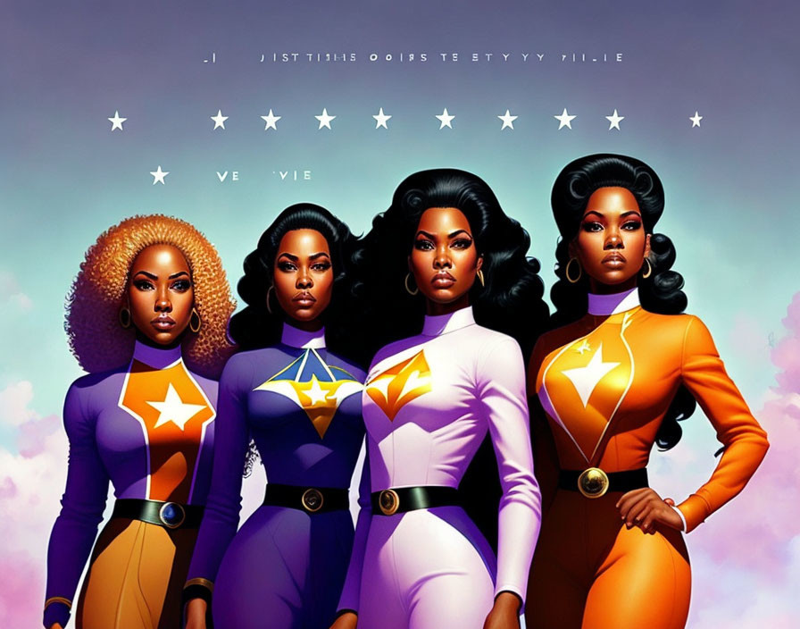 Four superheroines in purple and orange outfits with star emblems pose against a starry sky.