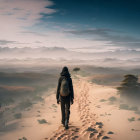 Desolate desert landscape with lone traveler in cloak and hood