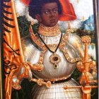 Regal figure in golden armor with red hat in Renaissance attire