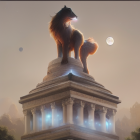 Wolf Statue on Ornate Pillar Under Twilight Sky with Moon and Birds