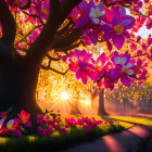 Pink magnolia blossoms with vibrant tree and petals in serene park at sunrise or sunset