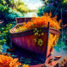 Colorful image of old boat with orange flowers on blue waters