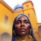 Woman in blue headwrap with matching earrings in front of yellow building and lamp post.