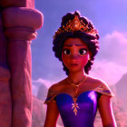 Worried animated princess in royal blue dress with crown on purple backdrop