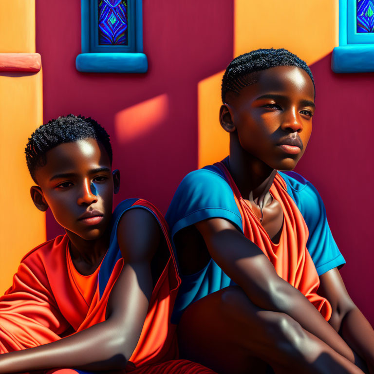 Two boys in bright orange shirts by colorful wall with blue windows