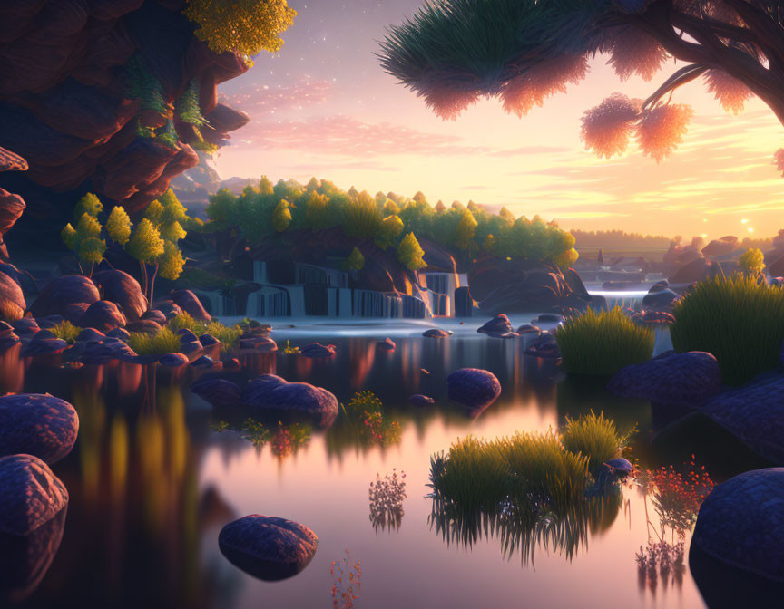 Vibrant surreal landscape: waterfalls, reflective river, unique trees, glowing lights, soft purple