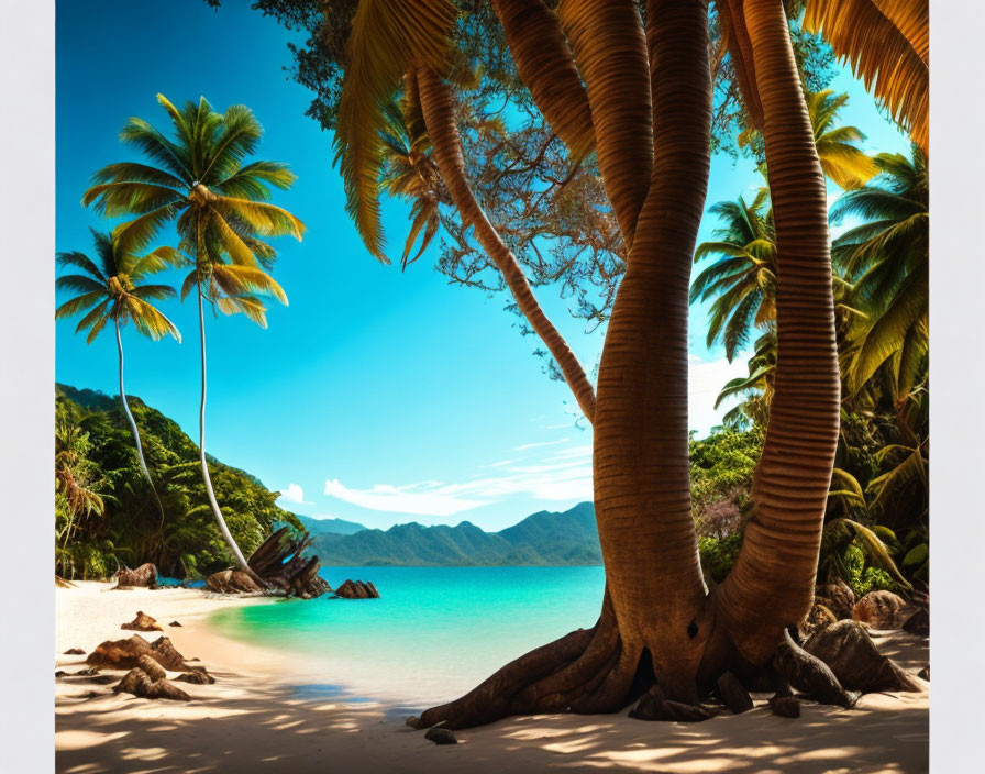 Tropical Beach Scene with Palm Trees, White Sand, Turquoise Water, and Mountains