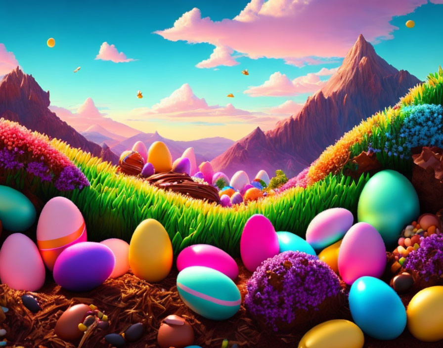 Vibrant Easter eggs in grass with mountain landscape and sunset sky