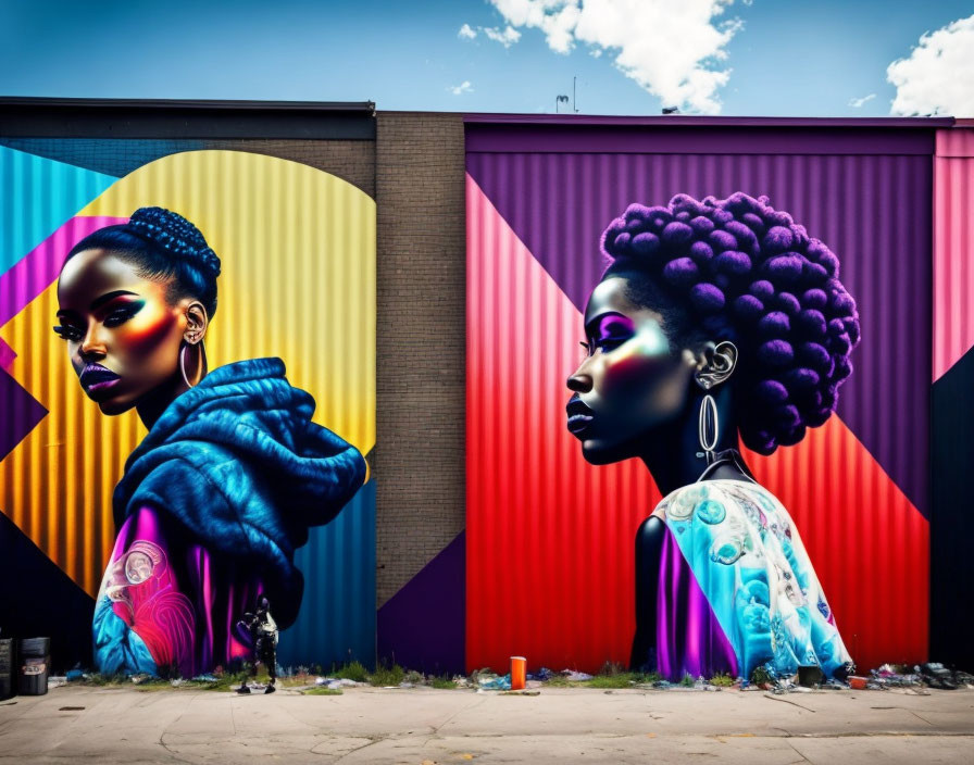 Colorful Street Mural: Stylized Women Portraits & Geometric Background