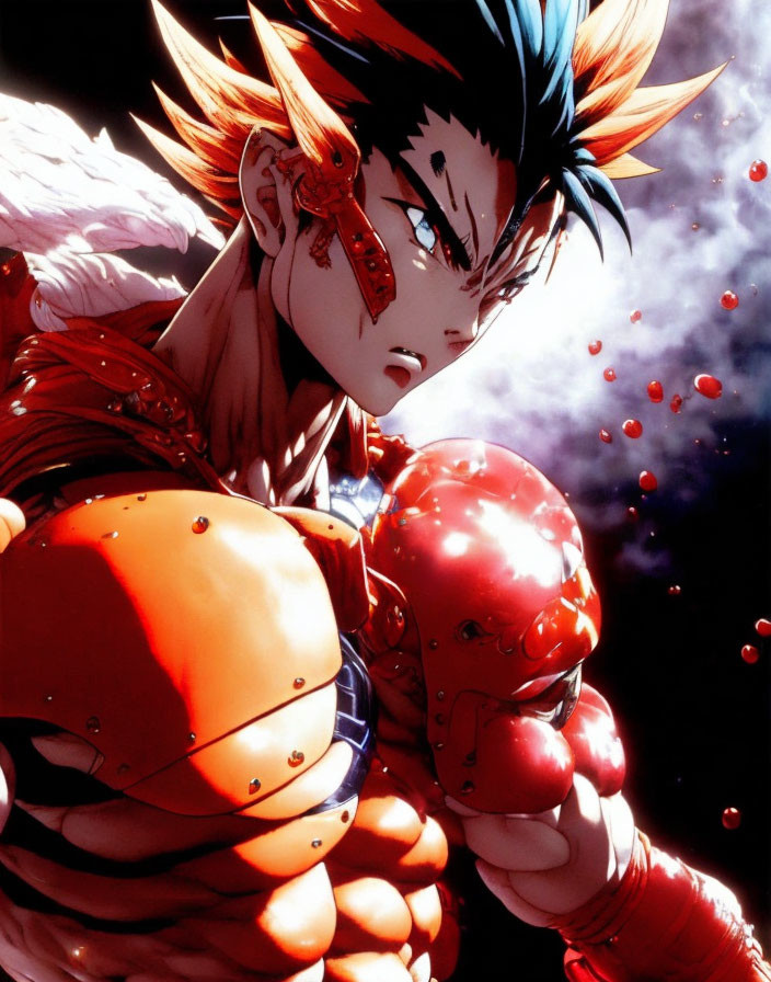 Anime character with spiky hair in red armor against dramatic backdrop