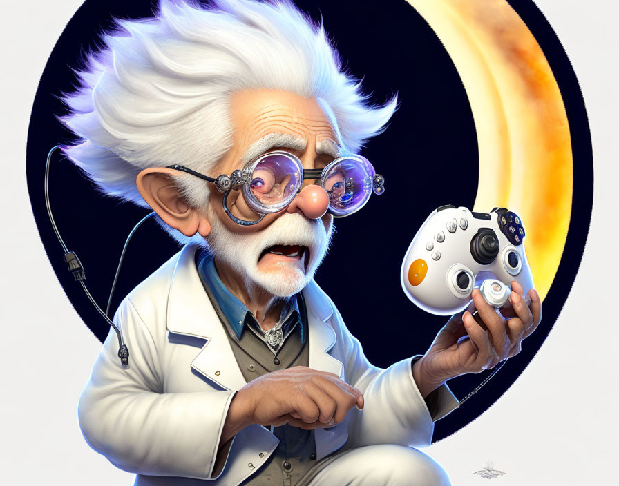 Elderly scientist with glasses and lab coat examining game controller