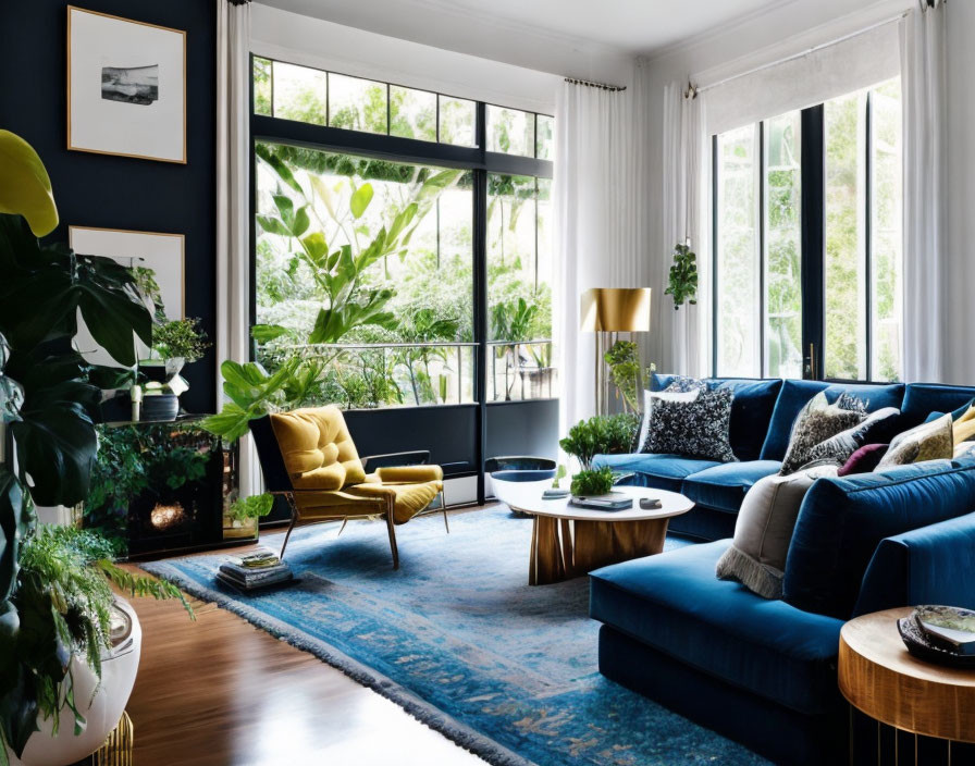 Contemporary Living Room with Blue Velvet Sofa & Modern Decor