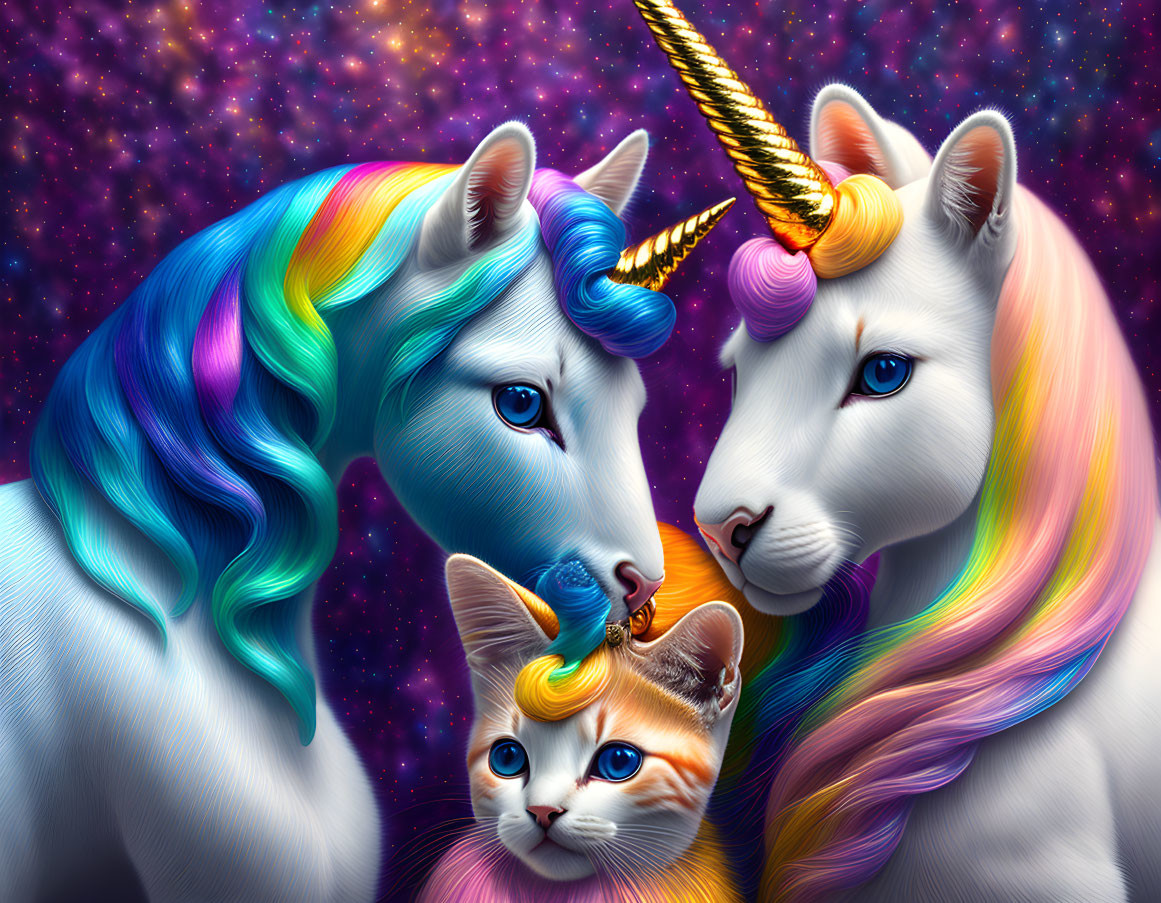 Fantasy scene: Two unicorns, kitten with rainbow-colored fur in cosmic setting