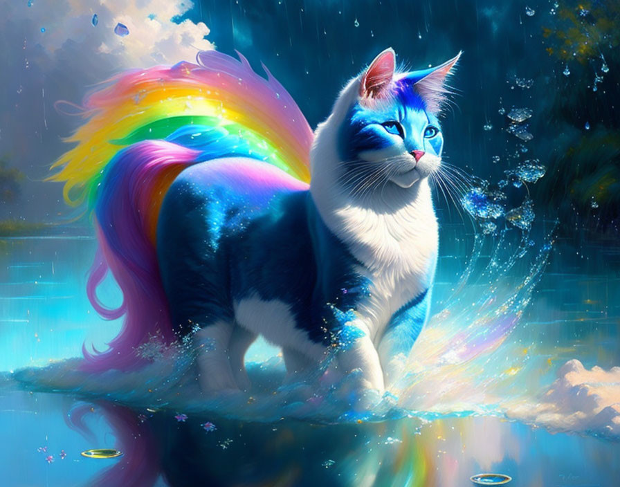 Colorful Cat with Rainbow Tail in Blue Fur Wading Through Sparkling Water