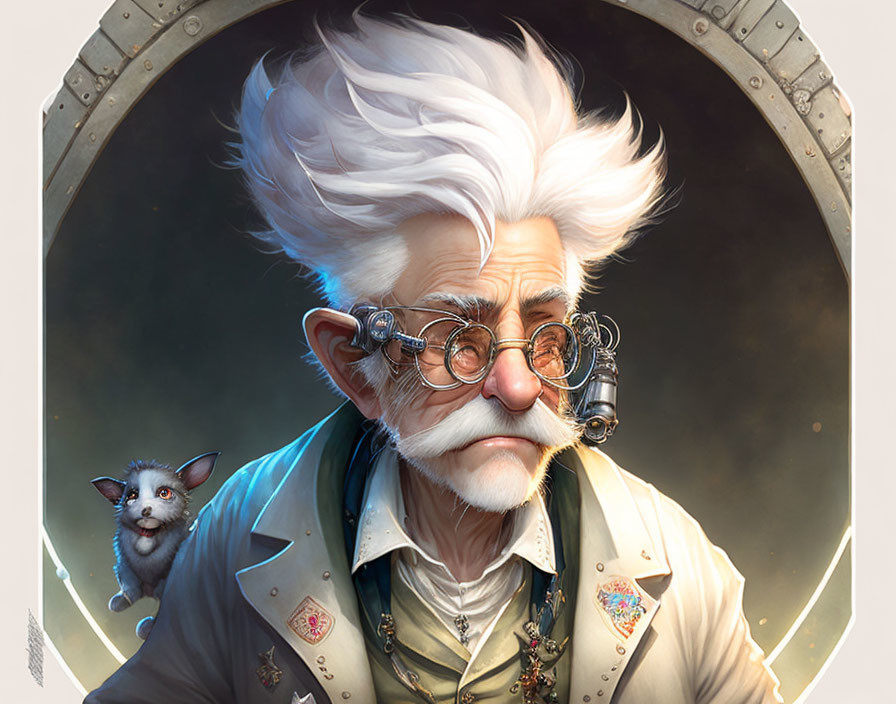 Elderly Scientist with White Hair, Medals, and Bat-Like Creature