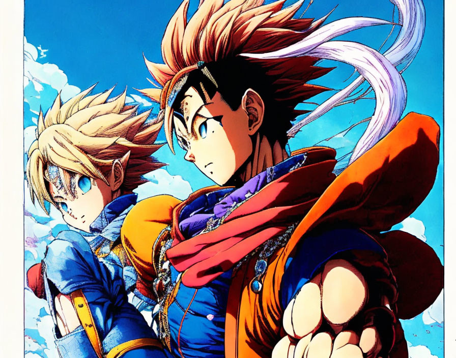 Blonde and purple-haired animated characters in battle attire against blue sky