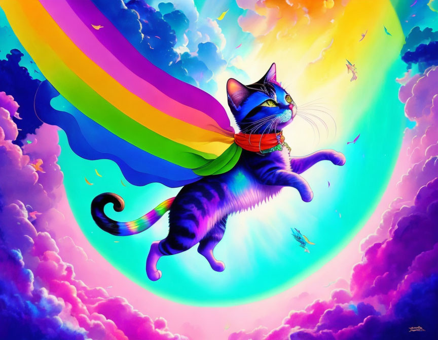 Colorful Flying Cat Illustration with Rainbow Trail and Sky Birds