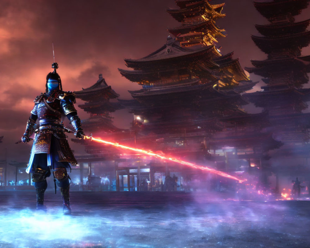 Samurai in ornate armor with glowing red sword in misty pagoda landscape