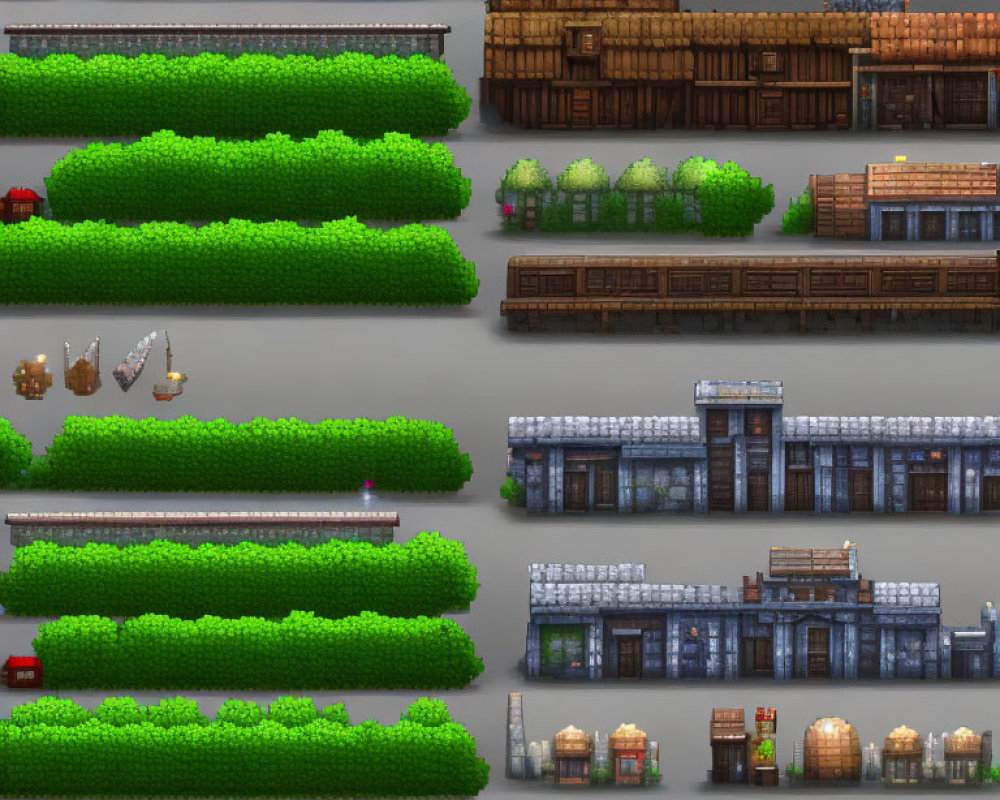 Pixel Art Game Assets: Trees, Houses, Hedges, Train, Boats, Stone Structures,