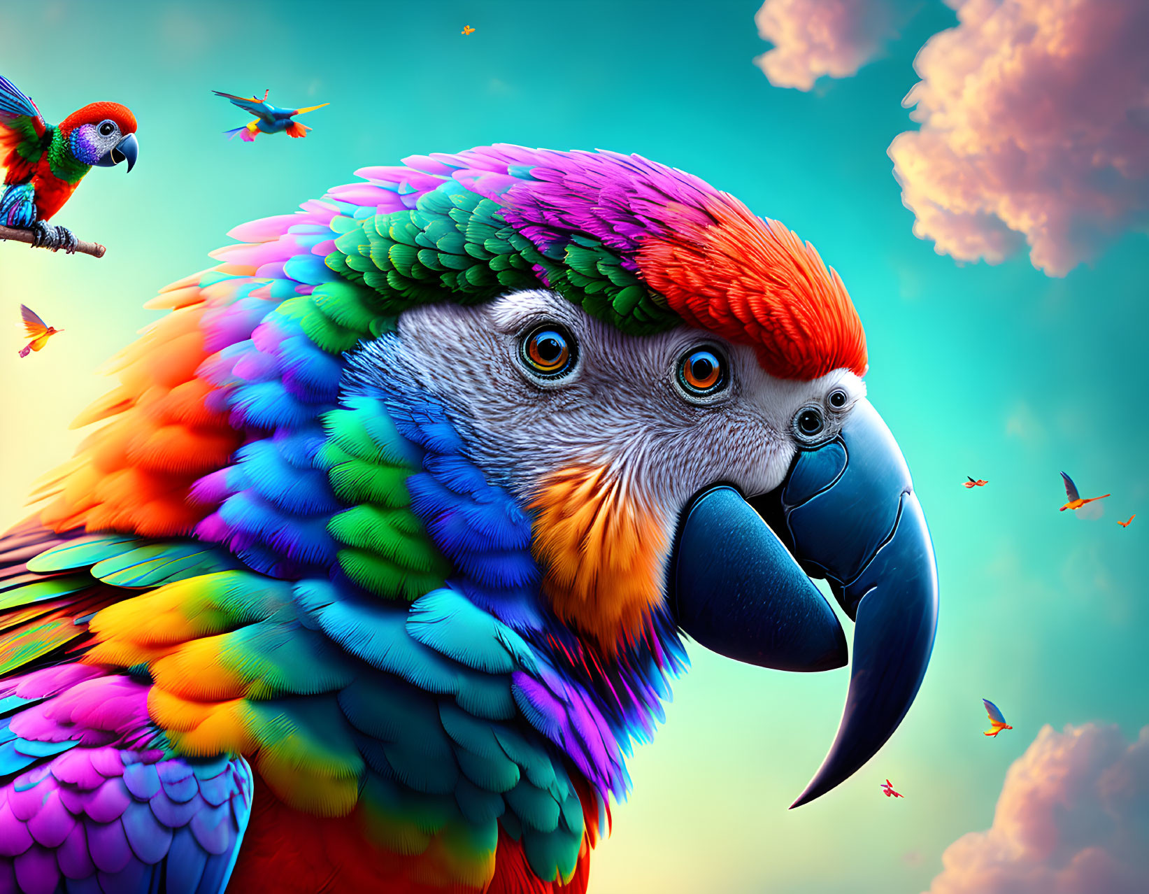 Detailed Parrot Illustration with Vibrant Feathers and Floating Hummingbirds