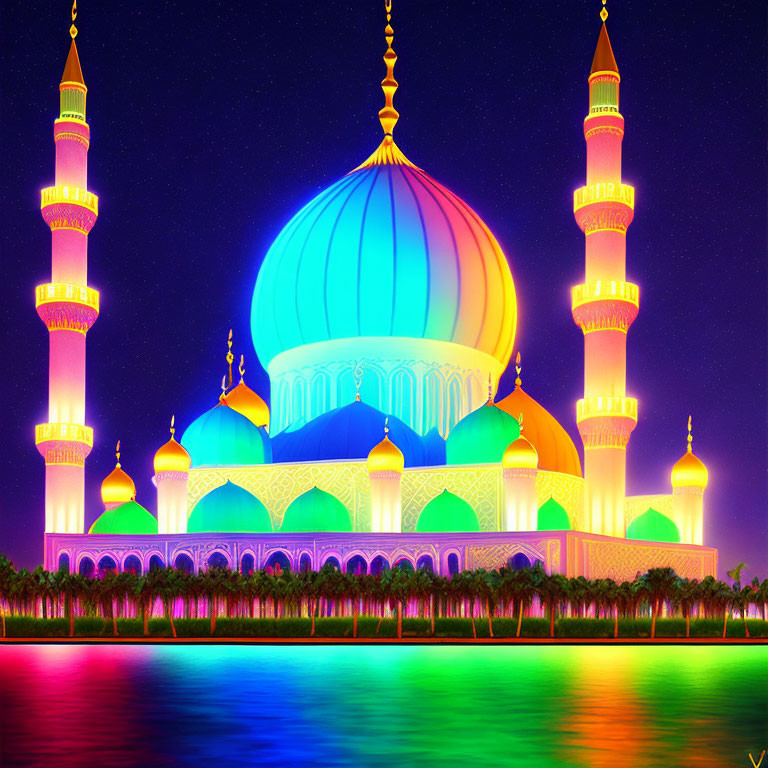 Colorful digital artwork: Mosque with illuminated minarets reflecting on water at night