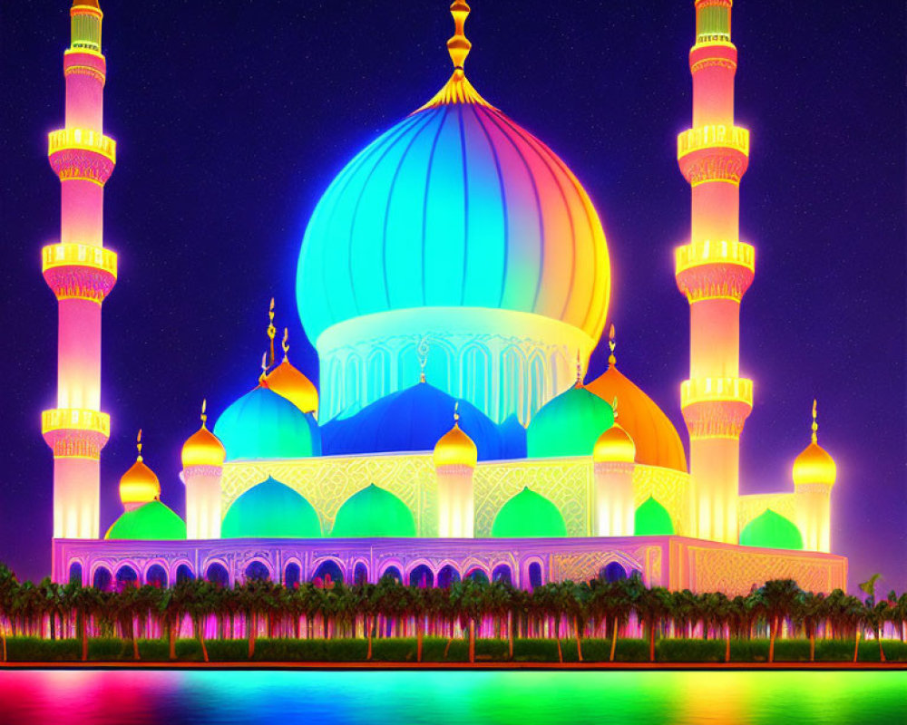 Colorful digital artwork: Mosque with illuminated minarets reflecting on water at night