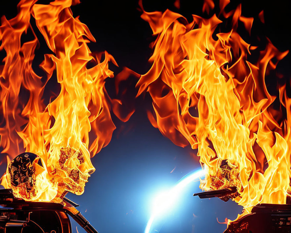 Crystal skulls with flames on dark background and blue light source