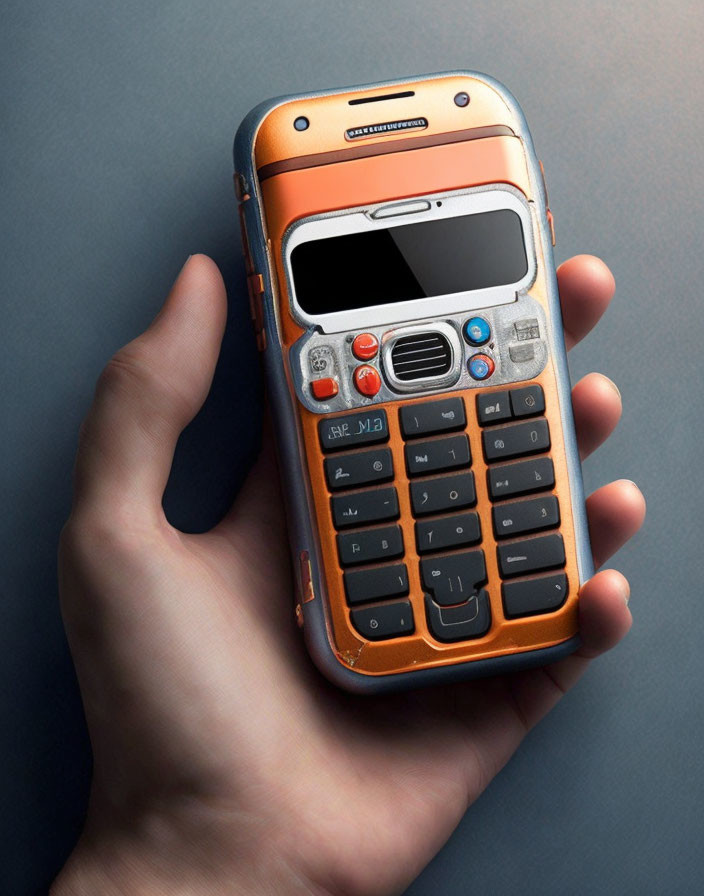 Vintage orange mobile phone with physical keypad on gray background