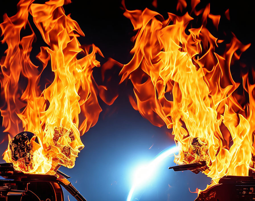 Crystal skulls with flames on dark background and blue light source