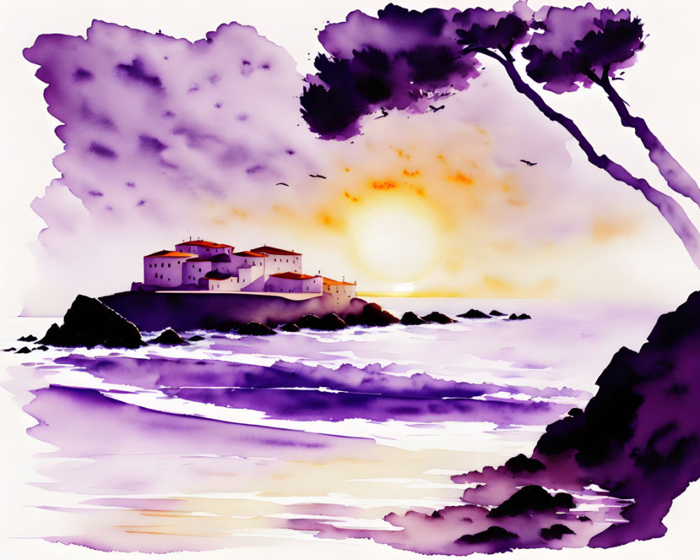 Purple Watercolor Landscape: Sunset over Coastal Town