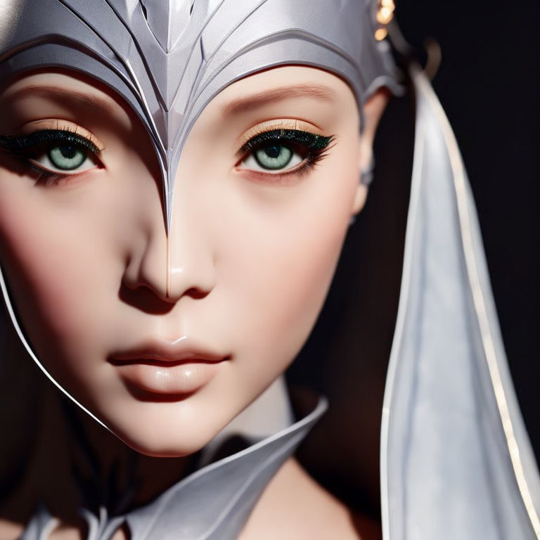 Fantasy-style female doll with metallic headdress and green eyes