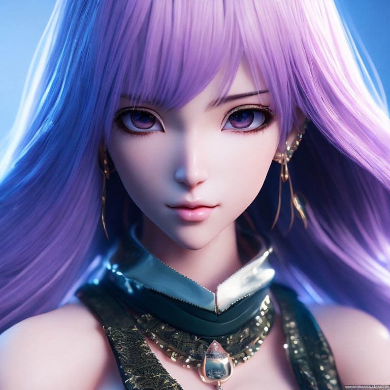 Detailed 3D illustration of female character with purple hair and gold earrings