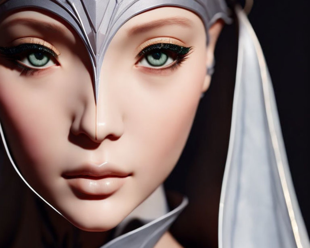 Fantasy-style female doll with metallic headdress and green eyes