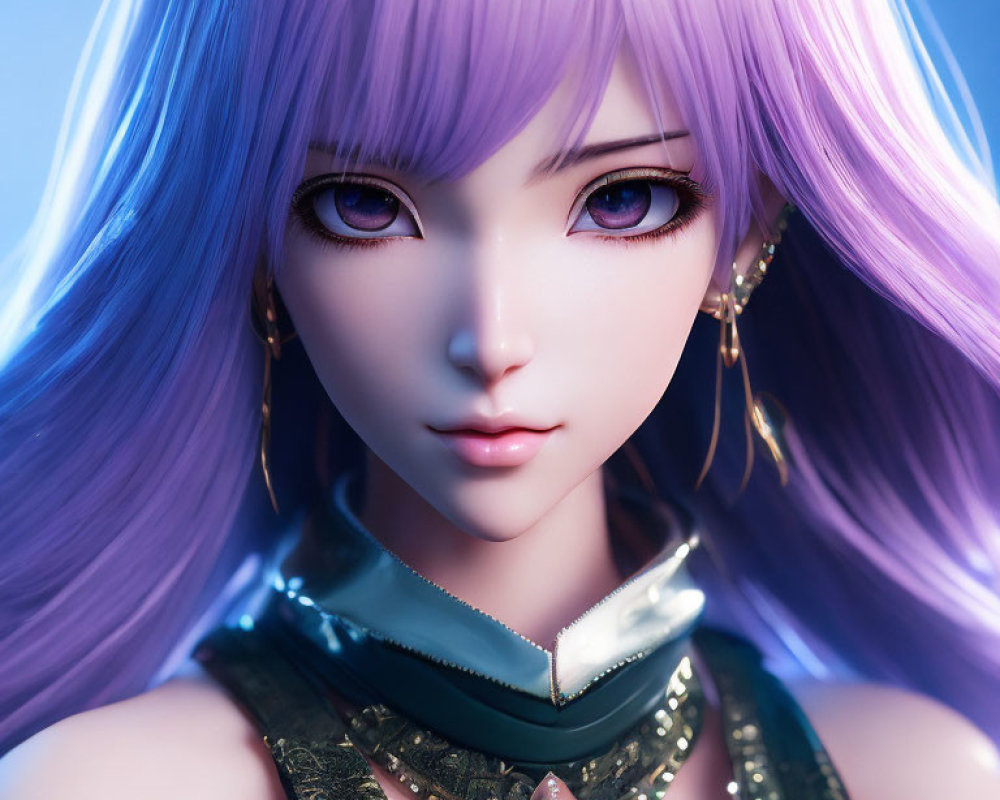 Detailed 3D illustration of female character with purple hair and gold earrings