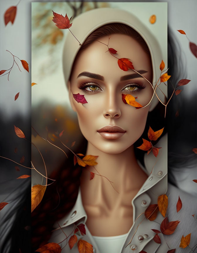 Illustration of woman with autumn leaves swirling in hair and beret