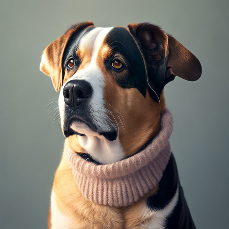 Solemn Dog in Beige Turtleneck on Gray Background