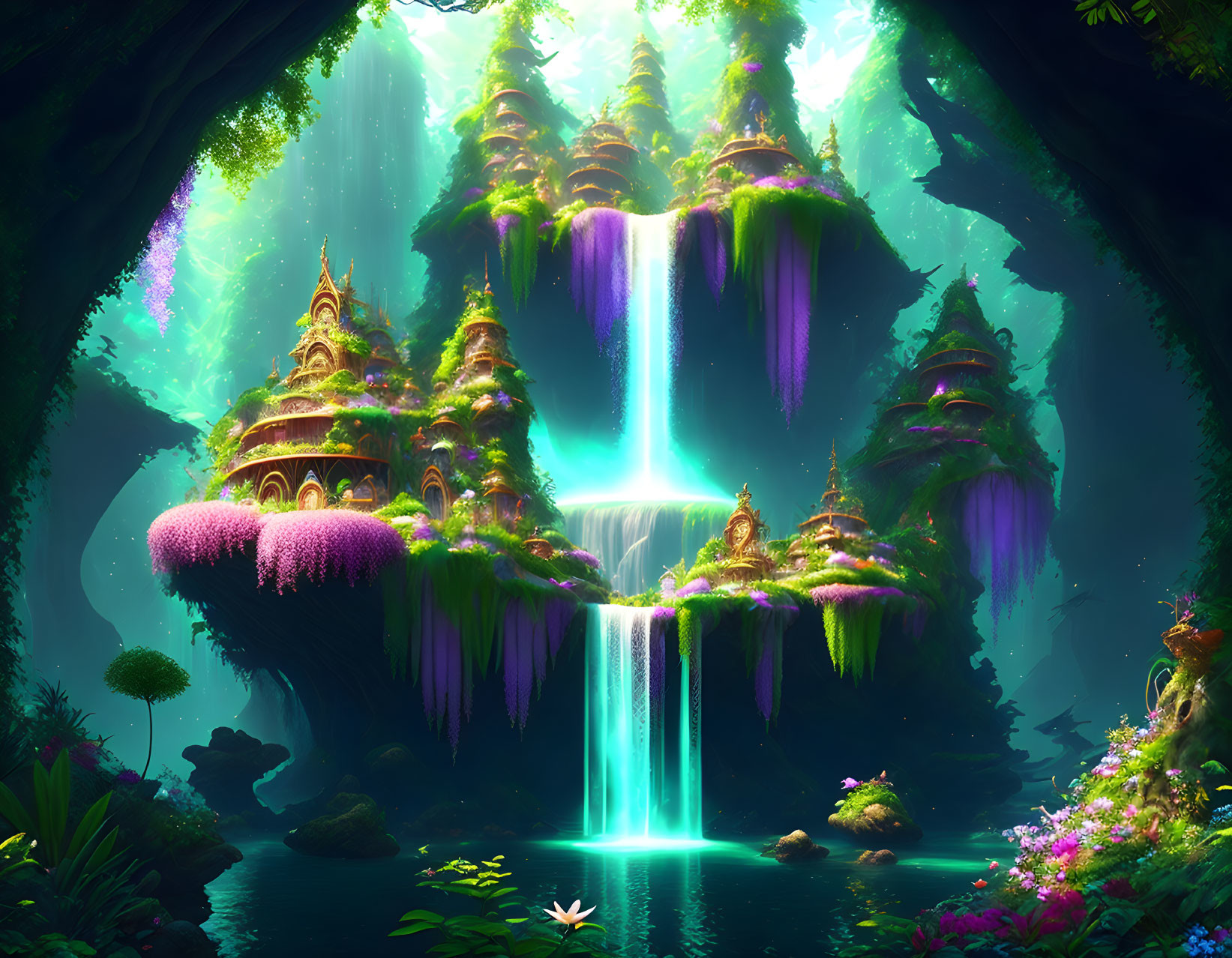 Fantastical floating island with waterfalls, lush greenery, and golden temples in mystical forest