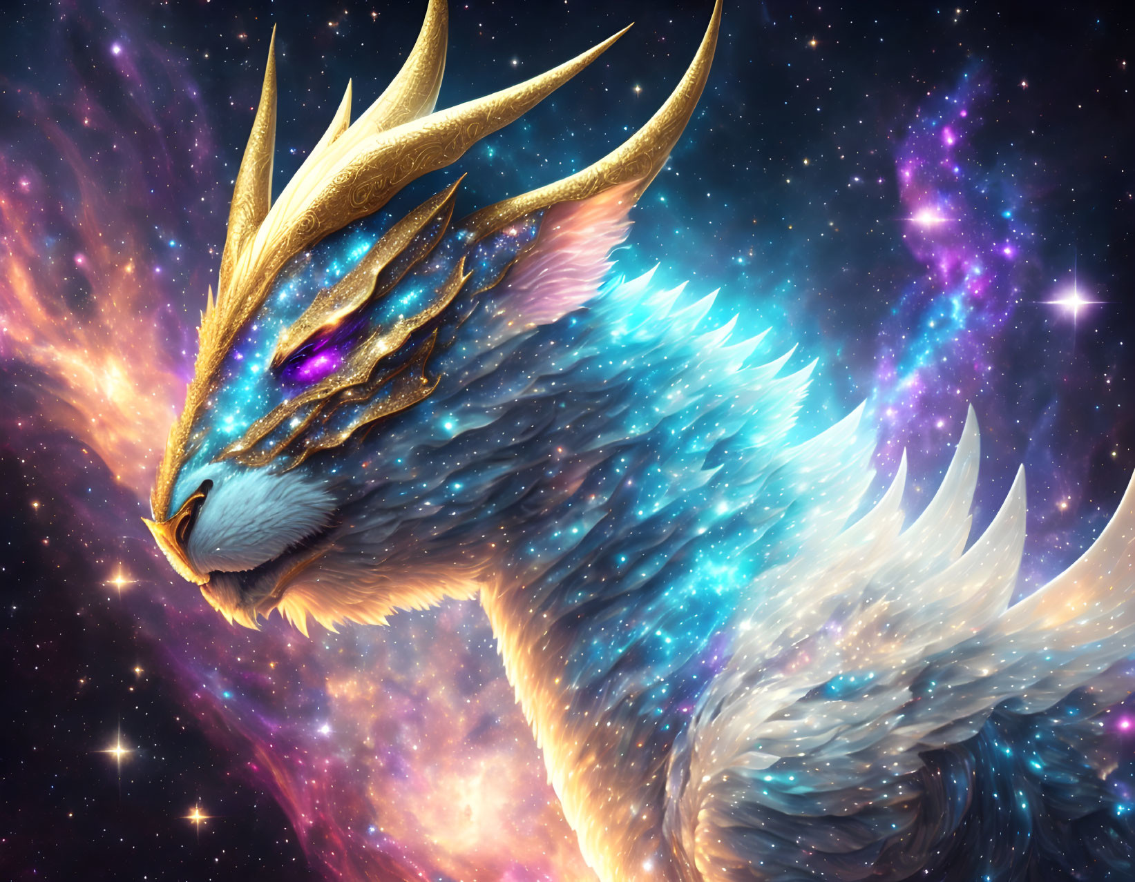 Majestic cosmic dragon with glowing horns in starry space landscape