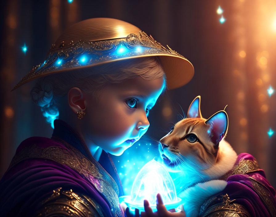 Child in fantasy outfit with glowing orb meets mystical cat under starry sky