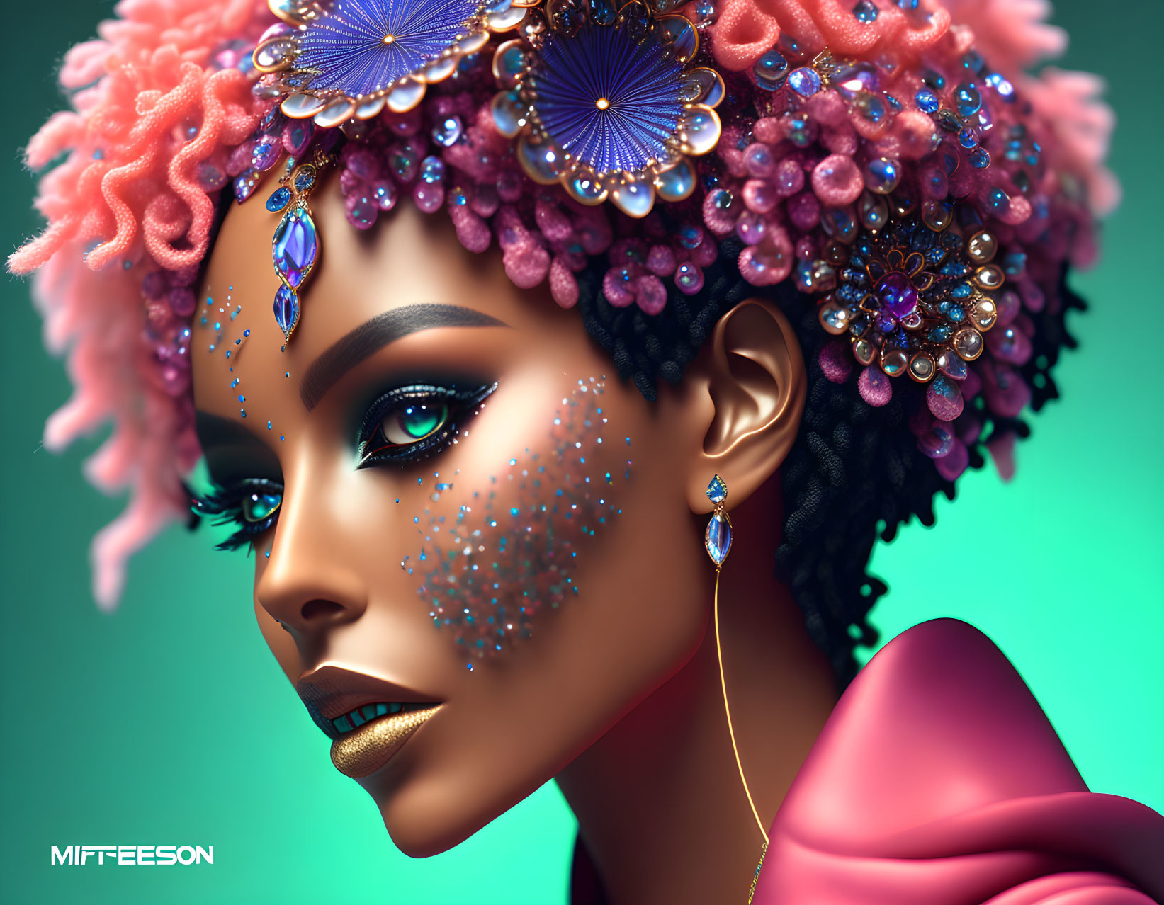 Vibrant digital artwork of woman with elaborate makeup and floral motifs