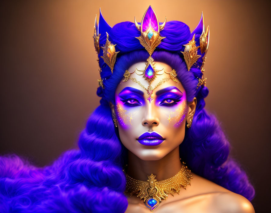 Fantasy artwork: Woman with purple skin, gold headpiece, blue hair on brown backdrop