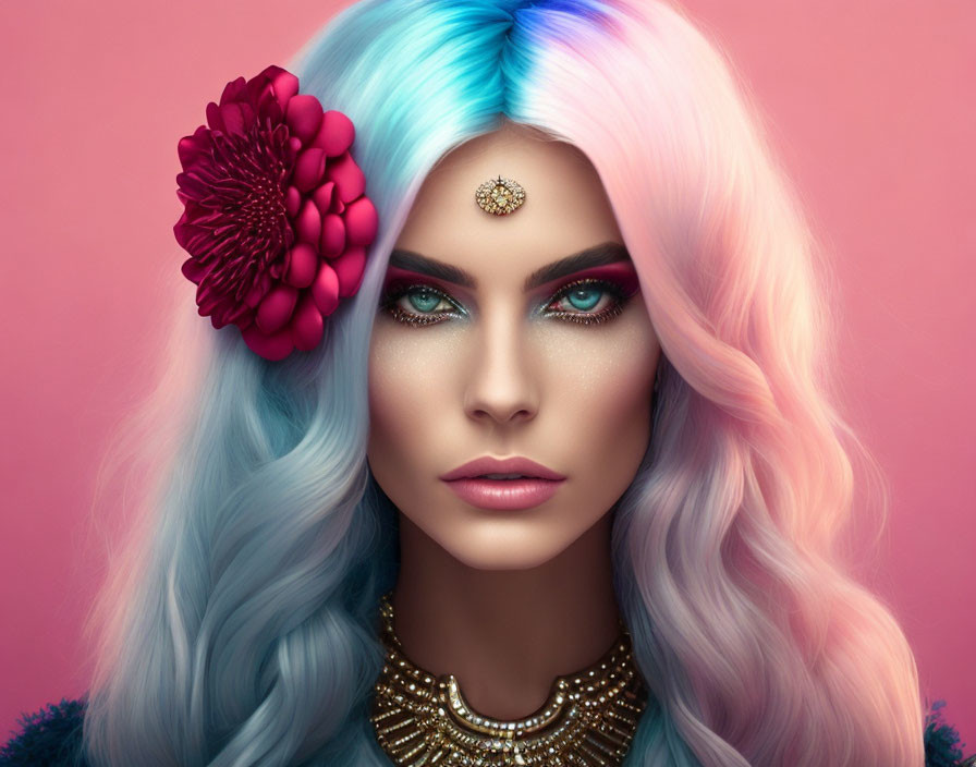 Multicolored Pastel Hair Woman with Blue Eyes and Red Flower on Pink Background